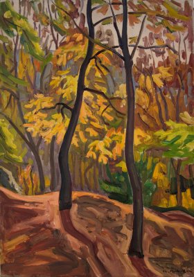Makrinitsa, Two Yellow Trees — Oil painting, Canvas, 50.00×65.00cm — Theodoros Markellos